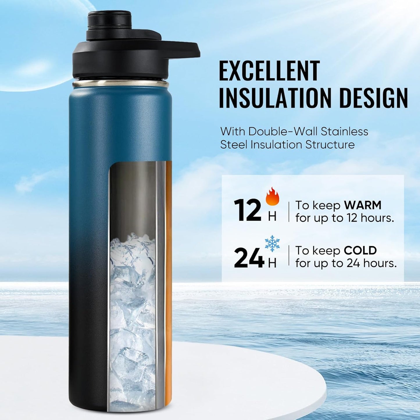 Insulated Water Bottle with Handle, 304 Stainless Steel Water Bottles with Wide Mouth, Double Wall Vacuum Sports Water Bottle, BPA Free, Keep Cold and Hot, 18 Ounces, Black/Gray