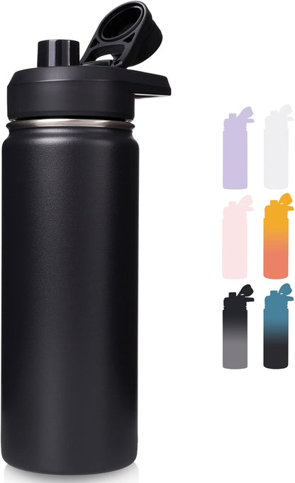 Insulated Water Bottle with Handle, 304 Stainless Steel Water Bottles with Wide Mouth, Double Wall Vacuum Sports Water Bottle, BPA Free, Keep Cold and Hot, 18 Ounces, Black/Gray