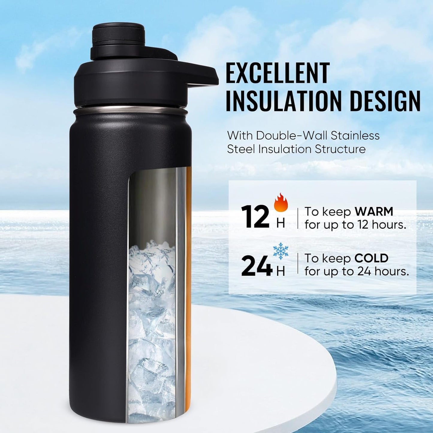 Insulated Water Bottle with Handle, 304 Stainless Steel Water Bottles with Wide Mouth, Double Wall Vacuum Sports Water Bottle, BPA Free, Keep Cold and Hot, 18 Ounces, Black/Gray
