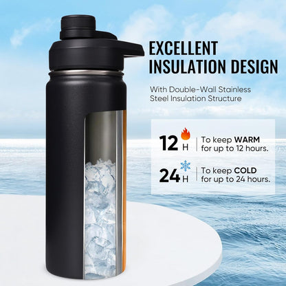 Insulated Water Bottle with Handle, 304 Stainless Steel Water Bottles with Wide Mouth, Double Wall Vacuum Sports Water Bottle, BPA Free, Keep Cold and Hot, 18 Ounces, Black/Gray