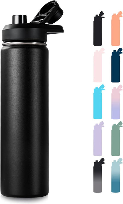 Insulated Water Bottle with Handle, 304 Stainless Steel Water Bottles with Wide Mouth, Double Wall Vacuum Sports Water Bottle, BPA Free, Keep Cold and Hot, 18 Ounces, Black/Gray