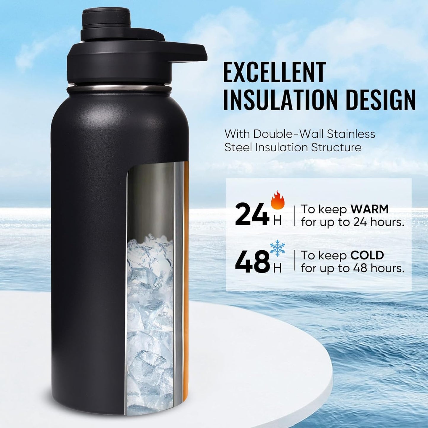 Insulated Water Bottle with Handle, 304 Stainless Steel Water Bottles with Wide Mouth, Double Wall Vacuum Sports Water Bottle, BPA Free, Keep Cold and Hot, 18 Ounces, Black/Gray