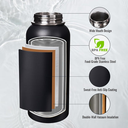 Insulated Water Bottle with Handle, 304 Stainless Steel Water Bottles with Wide Mouth, Double Wall Vacuum Sports Water Bottle, BPA Free, Keep Cold and Hot, 18 Ounces, Black/Gray