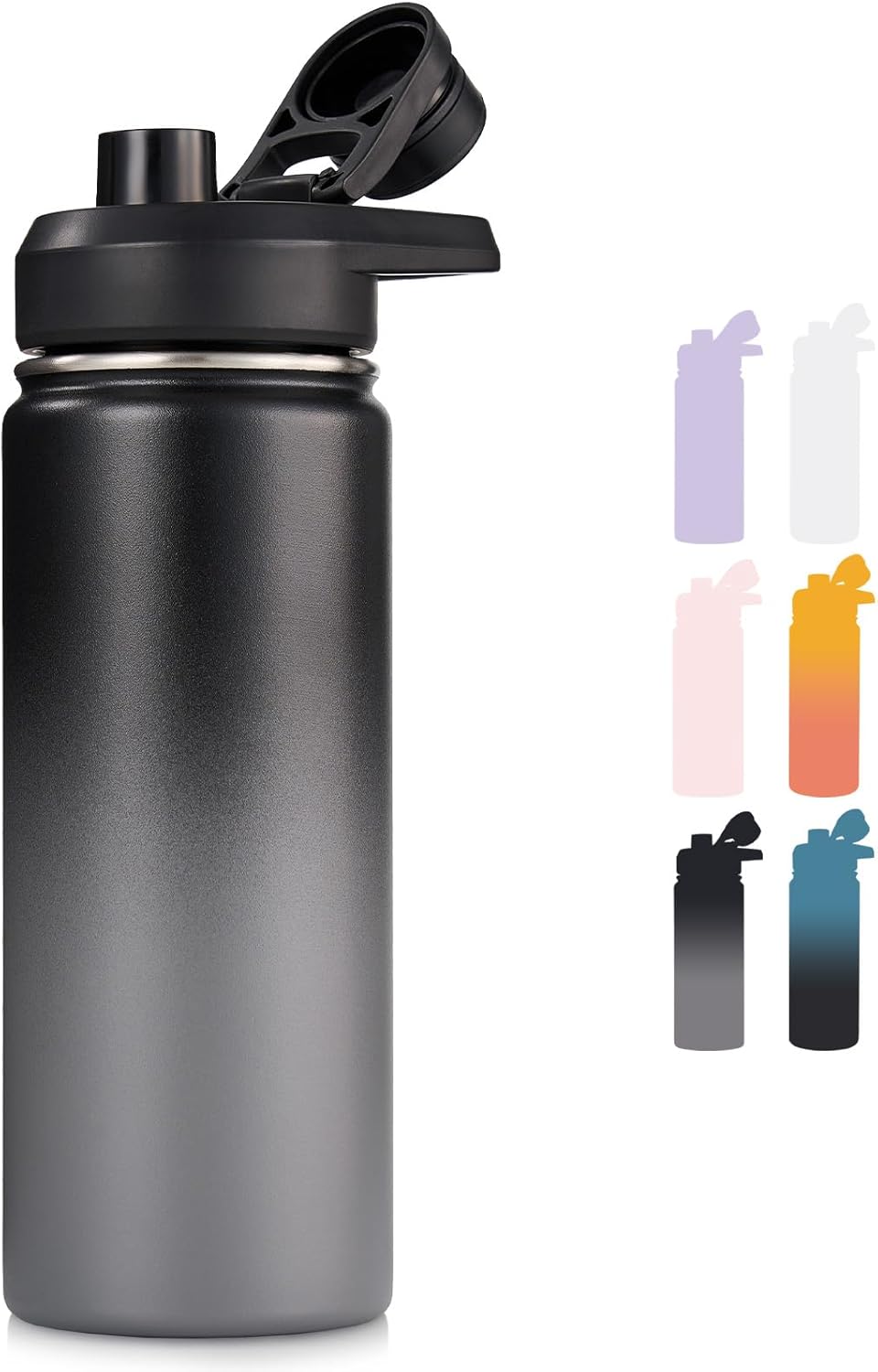 Insulated Water Bottle with Handle, 304 Stainless Steel Water Bottles with Wide Mouth, Double Wall Vacuum Sports Water Bottle, BPA Free, Keep Cold and Hot, 18 Ounces, Black/Gray