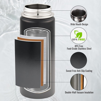 Insulated Water Bottle with Handle, 304 Stainless Steel Water Bottles with Wide Mouth, Double Wall Vacuum Sports Water Bottle, BPA Free, Keep Cold and Hot, 18 Ounces, Black/Gray