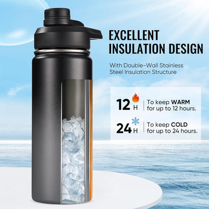Insulated Water Bottle with Handle, 304 Stainless Steel Water Bottles with Wide Mouth, Double Wall Vacuum Sports Water Bottle, BPA Free, Keep Cold and Hot, 18 Ounces, Black/Gray