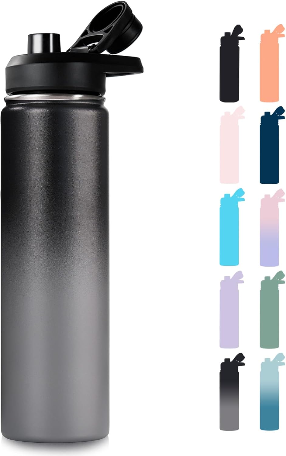 Insulated Water Bottle with Handle, 304 Stainless Steel Water Bottles with Wide Mouth, Double Wall Vacuum Sports Water Bottle, BPA Free, Keep Cold and Hot, 18 Ounces, Black/Gray