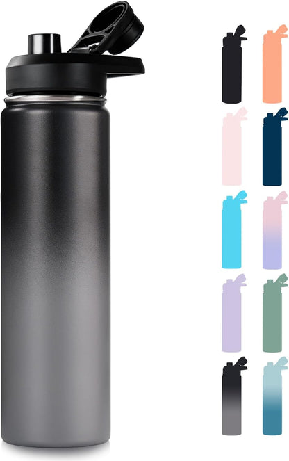 Insulated Water Bottle with Handle, 304 Stainless Steel Water Bottles with Wide Mouth, Double Wall Vacuum Sports Water Bottle, BPA Free, Keep Cold and Hot, 18 Ounces, Black/Gray