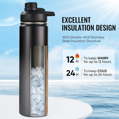 Insulated Water Bottle with Handle, 304 Stainless Steel Water Bottles with Wide Mouth, Double Wall Vacuum Sports Water Bottle, BPA Free, Keep Cold and Hot, 18 Ounces, Black/Gray