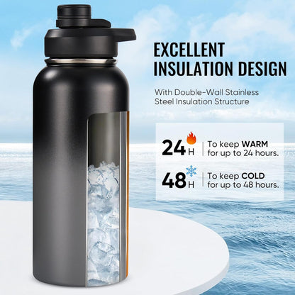 Insulated Water Bottle with Handle, 304 Stainless Steel Water Bottles with Wide Mouth, Double Wall Vacuum Sports Water Bottle, BPA Free, Keep Cold and Hot, 18 Ounces, Black/Gray