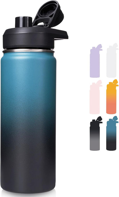 Insulated Water Bottle with Handle, 304 Stainless Steel Water Bottles with Wide Mouth, Double Wall Vacuum Sports Water Bottle, BPA Free, Keep Cold and Hot, 18 Ounces, Black/Gray