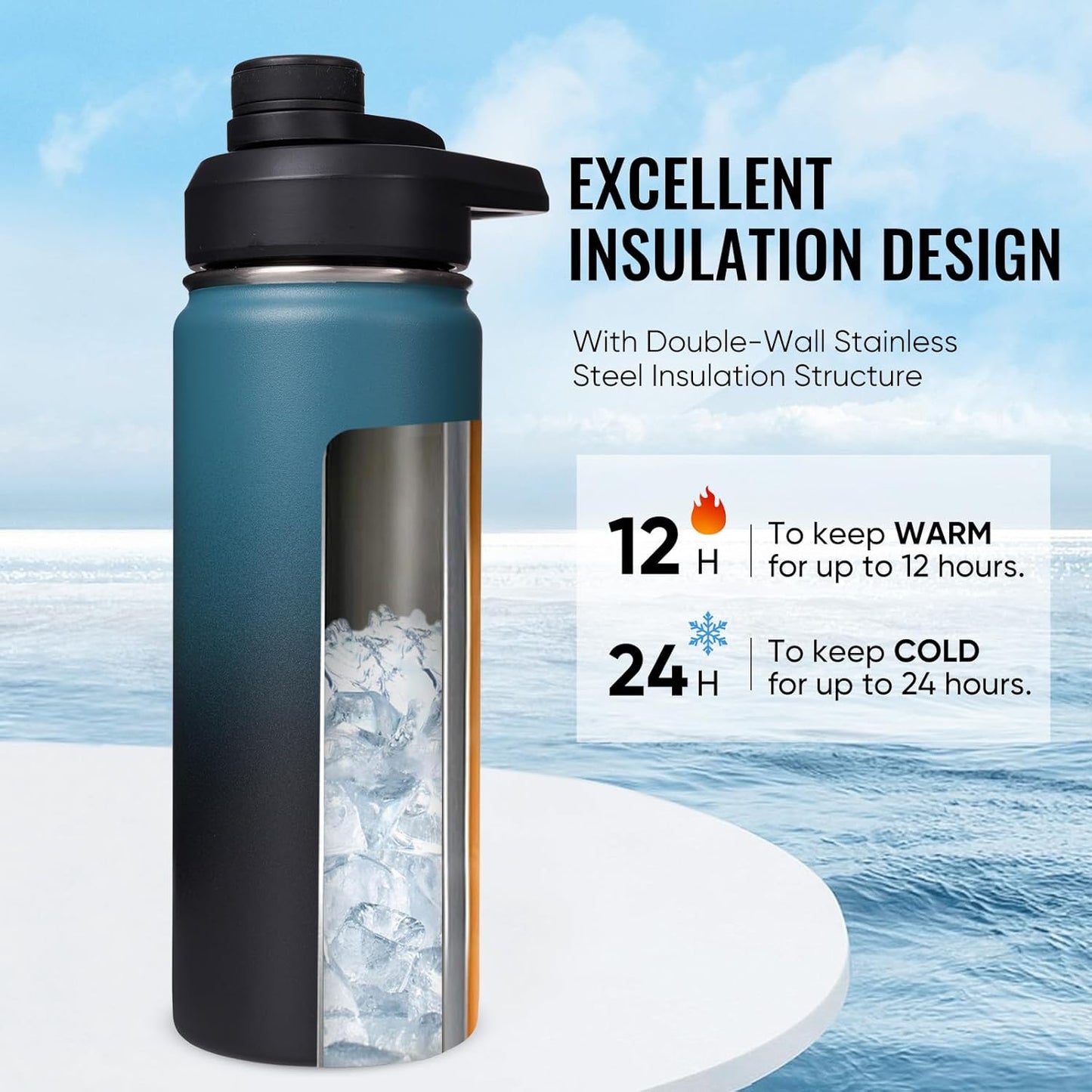 Insulated Water Bottle with Handle, 304 Stainless Steel Water Bottles with Wide Mouth, Double Wall Vacuum Sports Water Bottle, BPA Free, Keep Cold and Hot, 18 Ounces, Black/Gray