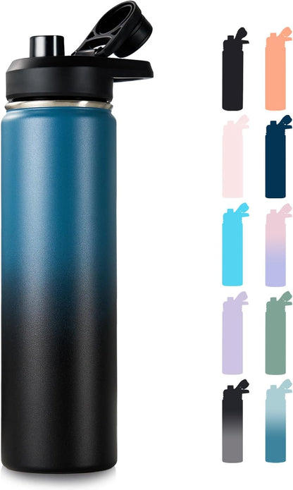 Insulated Water Bottle with Handle, 304 Stainless Steel Water Bottles with Wide Mouth, Double Wall Vacuum Sports Water Bottle, BPA Free, Keep Cold and Hot, 18 Ounces, Black/Gray