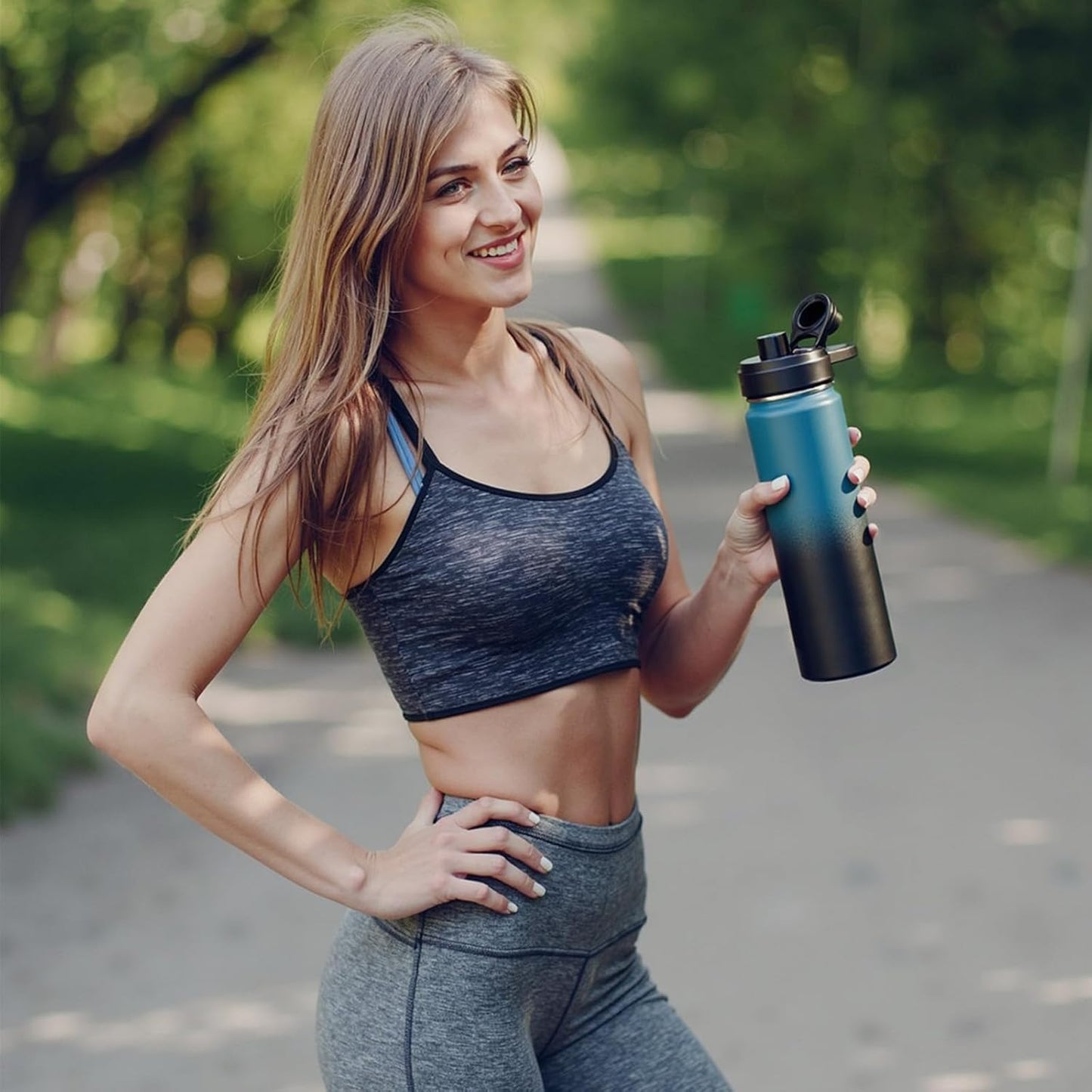 Insulated Water Bottle with Handle, 304 Stainless Steel Water Bottles with Wide Mouth, Double Wall Vacuum Sports Water Bottle, BPA Free, Keep Cold and Hot, 18 Ounces, Black/Gray