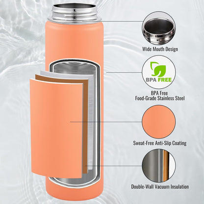 Insulated Water Bottle with Handle, 304 Stainless Steel Water Bottles with Wide Mouth, Double Wall Vacuum Sports Water Bottle, BPA Free, Keep Cold and Hot, 18 Ounces, Black/Gray