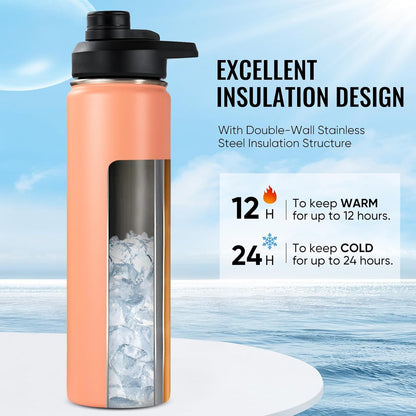 Insulated Water Bottle with Handle, 304 Stainless Steel Water Bottles with Wide Mouth, Double Wall Vacuum Sports Water Bottle, BPA Free, Keep Cold and Hot, 18 Ounces, Black/Gray