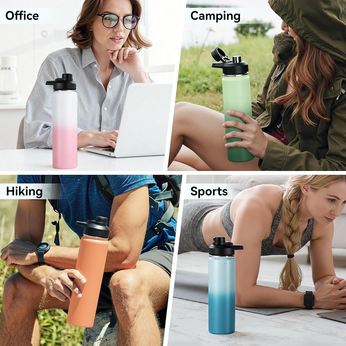 Insulated Water Bottle with Handle, 304 Stainless Steel Water Bottles with Wide Mouth, Double Wall Vacuum Sports Water Bottle, BPA Free, Keep Cold and Hot, 18 Ounces, Black/Gray