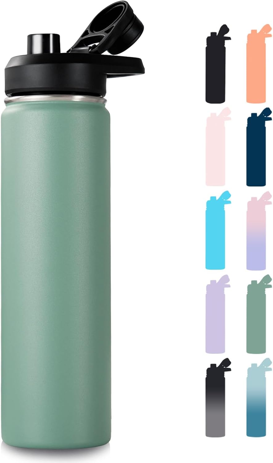 Insulated Water Bottle with Handle, 304 Stainless Steel Water Bottles with Wide Mouth, Double Wall Vacuum Sports Water Bottle, BPA Free, Keep Cold and Hot, 18 Ounces, Black/Gray