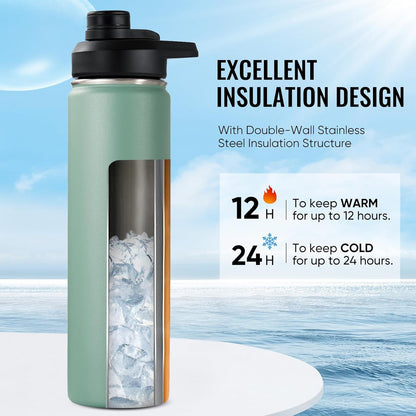 Insulated Water Bottle with Handle, 304 Stainless Steel Water Bottles with Wide Mouth, Double Wall Vacuum Sports Water Bottle, BPA Free, Keep Cold and Hot, 18 Ounces, Black/Gray