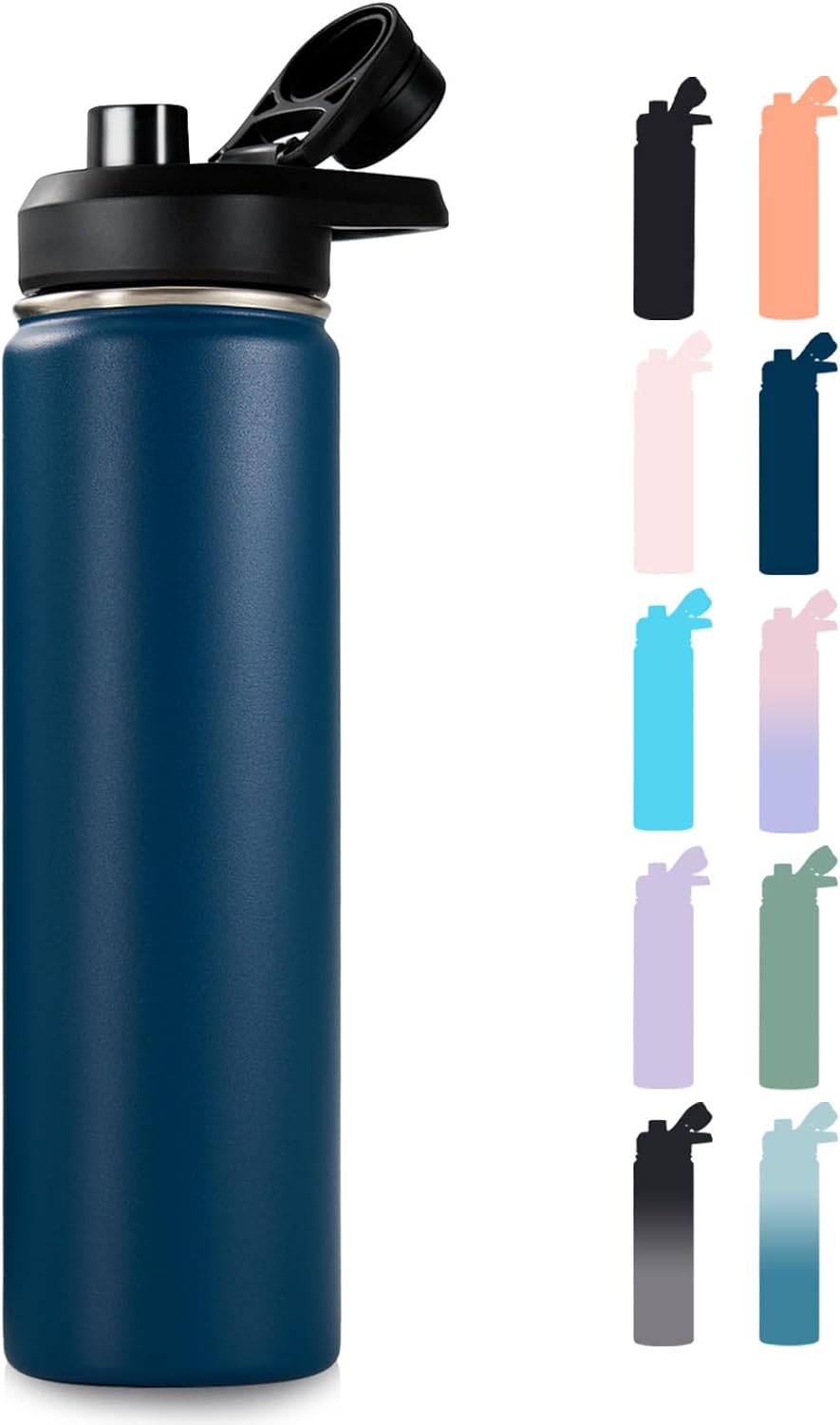Insulated Water Bottle with Handle, 304 Stainless Steel Water Bottles with Wide Mouth, Double Wall Vacuum Sports Water Bottle, BPA Free, Keep Cold and Hot, 18 Ounces, Black/Gray