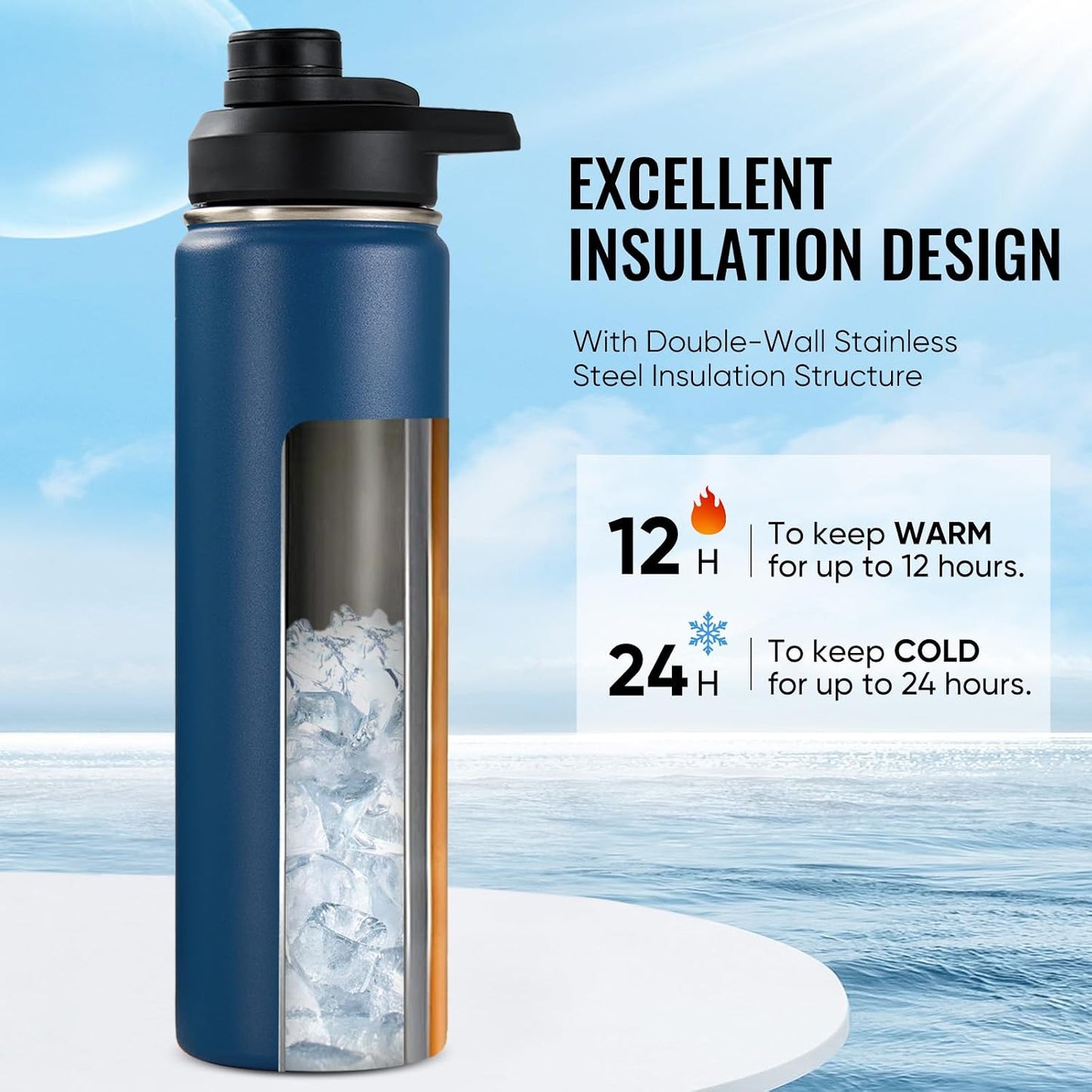 Insulated Water Bottle with Handle, 304 Stainless Steel Water Bottles with Wide Mouth, Double Wall Vacuum Sports Water Bottle, BPA Free, Keep Cold and Hot, 18 Ounces, Black/Gray