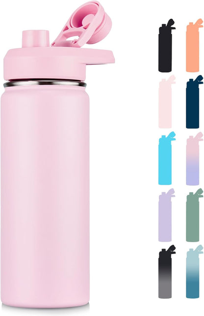 Insulated Water Bottle with Handle, 304 Stainless Steel Water Bottles with Wide Mouth, Double Wall Vacuum Sports Water Bottle, BPA Free, Keep Cold and Hot, 18 Ounces, Black/Gray