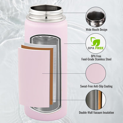 Insulated Water Bottle with Handle, 304 Stainless Steel Water Bottles with Wide Mouth, Double Wall Vacuum Sports Water Bottle, BPA Free, Keep Cold and Hot, 18 Ounces, Black/Gray