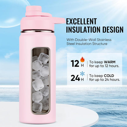 Insulated Water Bottle with Handle, 304 Stainless Steel Water Bottles with Wide Mouth, Double Wall Vacuum Sports Water Bottle, BPA Free, Keep Cold and Hot, 18 Ounces, Black/Gray