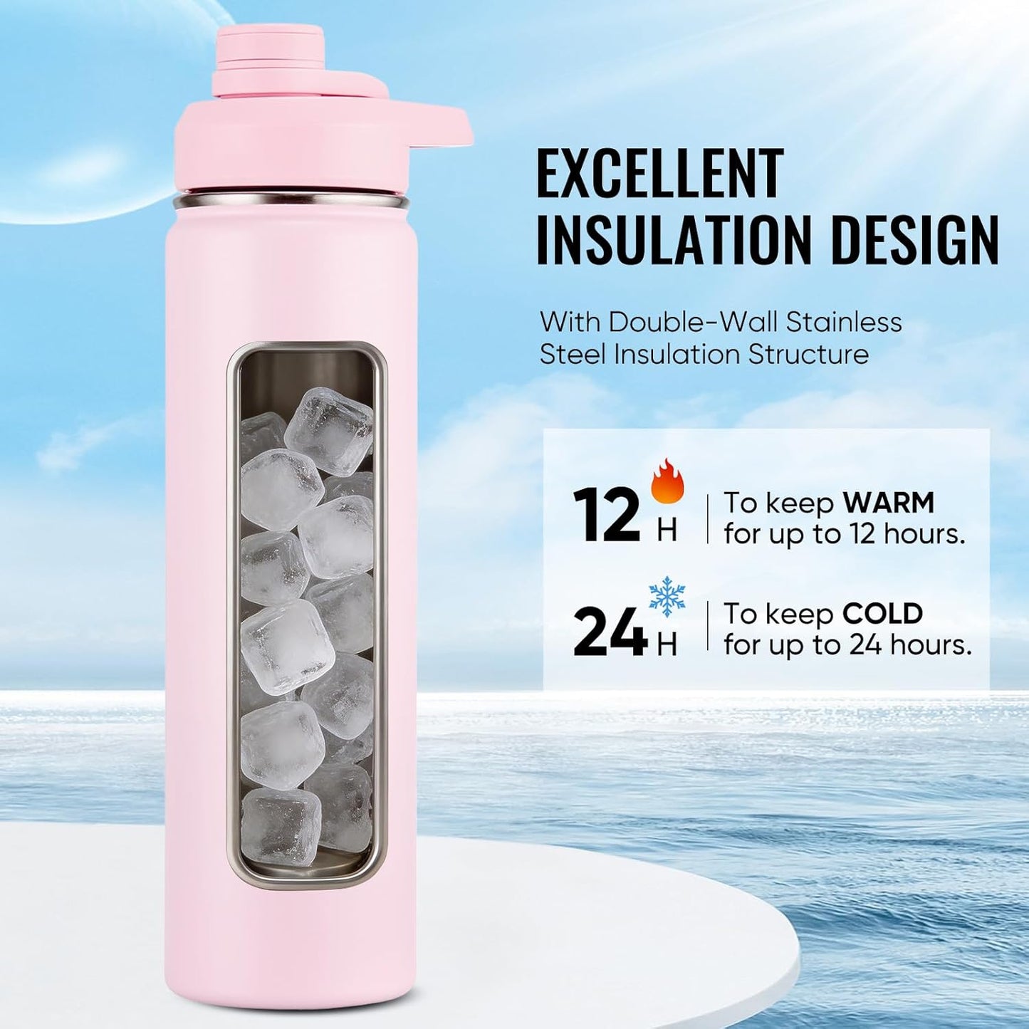 Insulated Water Bottle with Handle, 304 Stainless Steel Water Bottles with Wide Mouth, Double Wall Vacuum Sports Water Bottle, BPA Free, Keep Cold and Hot, 18 Ounces, Black/Gray
