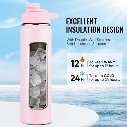 Insulated Water Bottle with Handle, 304 Stainless Steel Water Bottles with Wide Mouth, Double Wall Vacuum Sports Water Bottle, BPA Free, Keep Cold and Hot, 18 Ounces, Black/Gray
