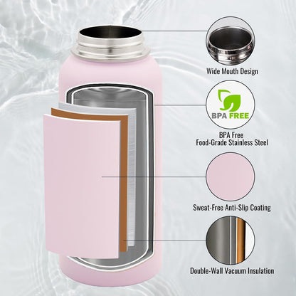Insulated Water Bottle with Handle, 304 Stainless Steel Water Bottles with Wide Mouth, Double Wall Vacuum Sports Water Bottle, BPA Free, Keep Cold and Hot, 18 Ounces, Black/Gray