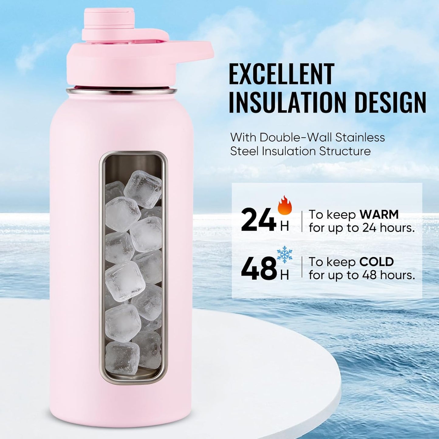 Insulated Water Bottle with Handle, 304 Stainless Steel Water Bottles with Wide Mouth, Double Wall Vacuum Sports Water Bottle, BPA Free, Keep Cold and Hot, 18 Ounces, Black/Gray