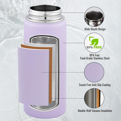 Insulated Water Bottle with Handle, 304 Stainless Steel Water Bottles with Wide Mouth, Double Wall Vacuum Sports Water Bottle, BPA Free, Keep Cold and Hot, 18 Ounces, Black/Gray