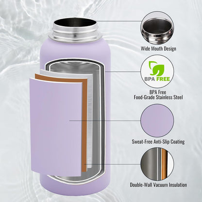 Insulated Water Bottle with Handle, 304 Stainless Steel Water Bottles with Wide Mouth, Double Wall Vacuum Sports Water Bottle, BPA Free, Keep Cold and Hot, 18 Ounces, Black/Gray
