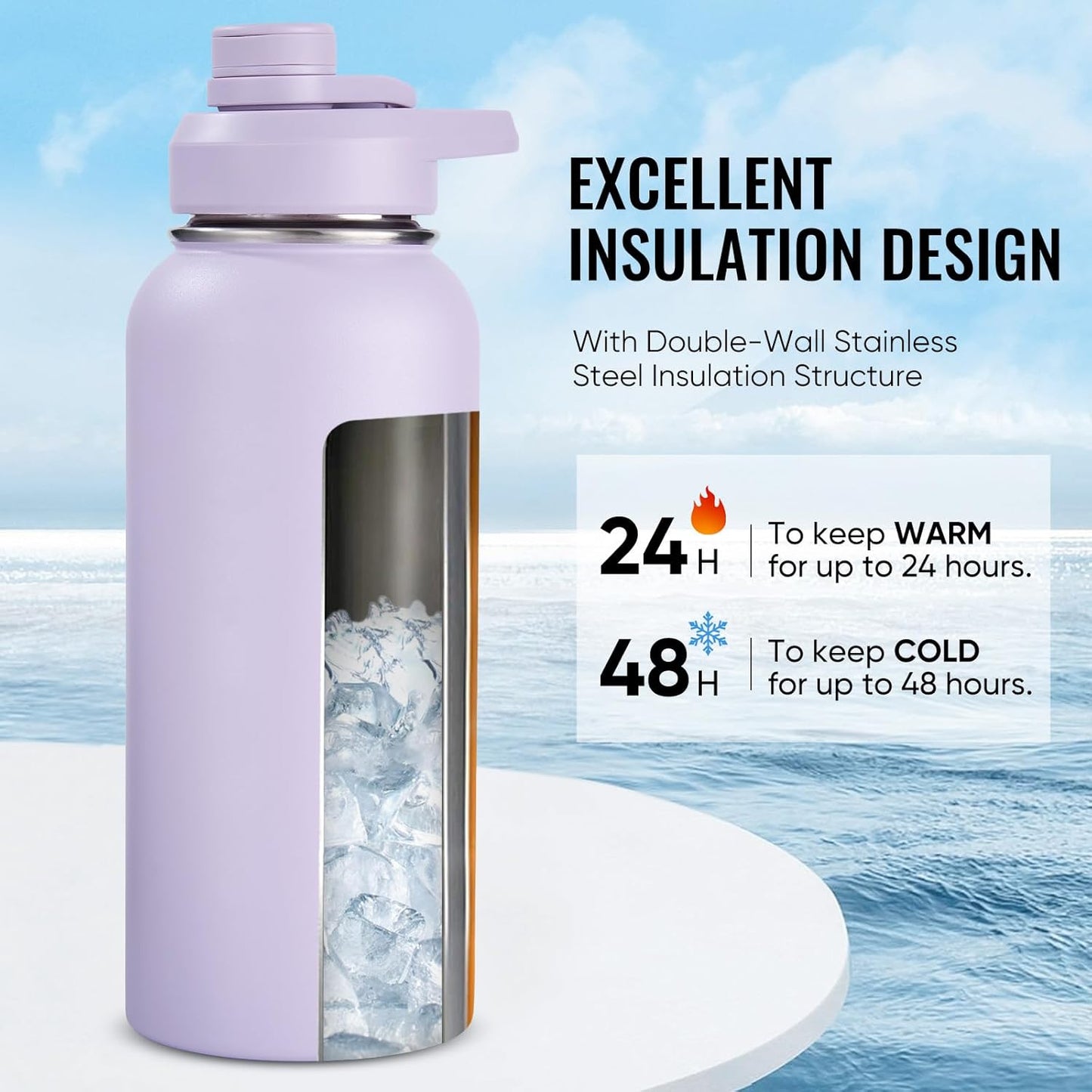 Insulated Water Bottle with Handle, 304 Stainless Steel Water Bottles with Wide Mouth, Double Wall Vacuum Sports Water Bottle, BPA Free, Keep Cold and Hot, 18 Ounces, Black/Gray