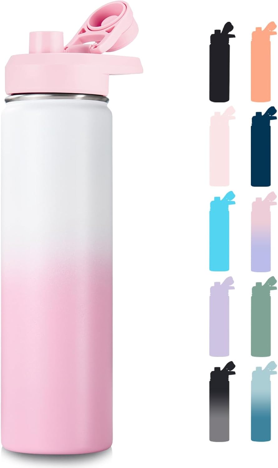Insulated Water Bottle with Handle, 304 Stainless Steel Water Bottles with Wide Mouth, Double Wall Vacuum Sports Water Bottle, BPA Free, Keep Cold and Hot, 18 Ounces, Black/Gray