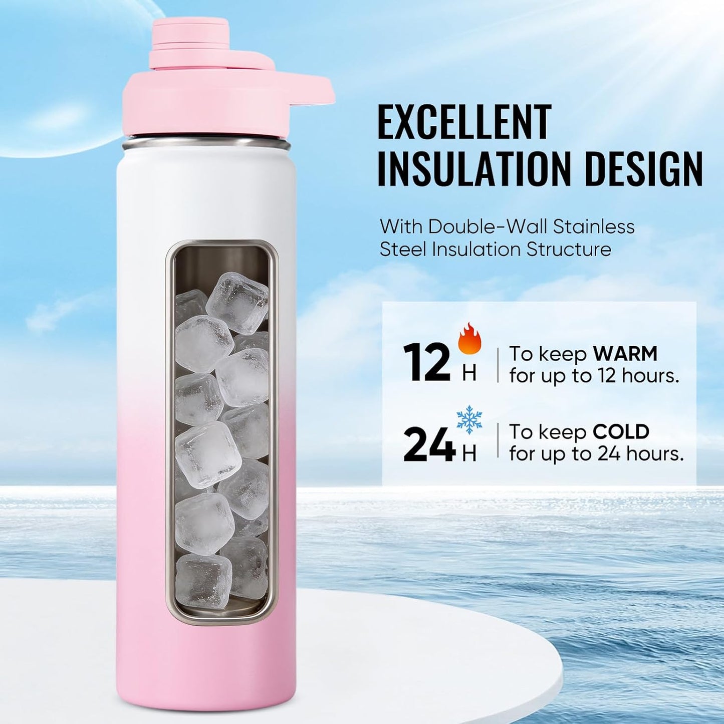 Insulated Water Bottle with Handle, 304 Stainless Steel Water Bottles with Wide Mouth, Double Wall Vacuum Sports Water Bottle, BPA Free, Keep Cold and Hot, 18 Ounces, Black/Gray