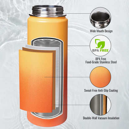 Insulated Water Bottle with Handle, 304 Stainless Steel Water Bottles with Wide Mouth, Double Wall Vacuum Sports Water Bottle, BPA Free, Keep Cold and Hot, 18 Ounces, Black/Gray