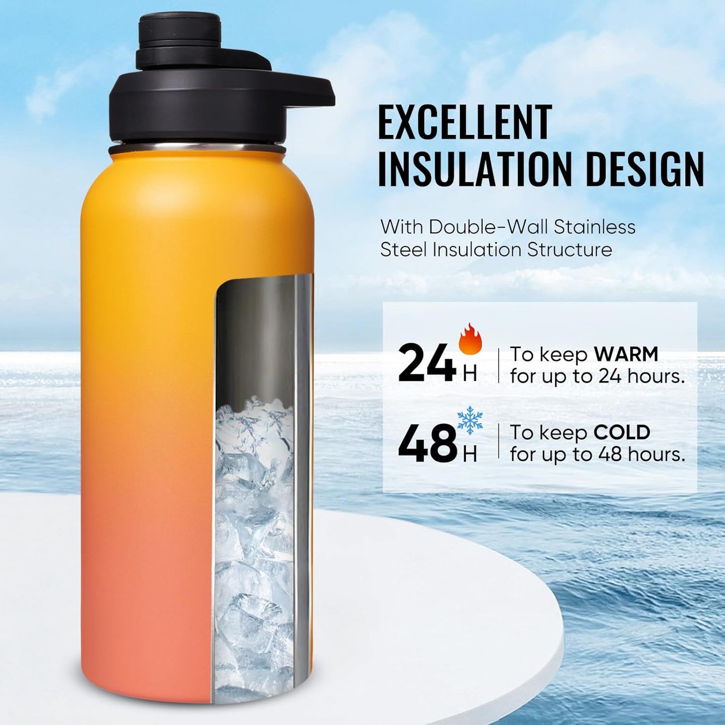 Insulated Water Bottle with Handle, 304 Stainless Steel Water Bottles with Wide Mouth, Double Wall Vacuum Sports Water Bottle, BPA Free, Keep Cold and Hot, 18 Ounces, Black/Gray