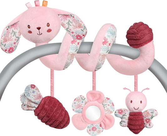 Car Seat Toys for Babies, Spiral Hanging Toys Stroller Activity Toys, Pink Sensory Baby Plush Carseat Toys Baby Toys Newborn Essentials for 0 3 6 12 Months