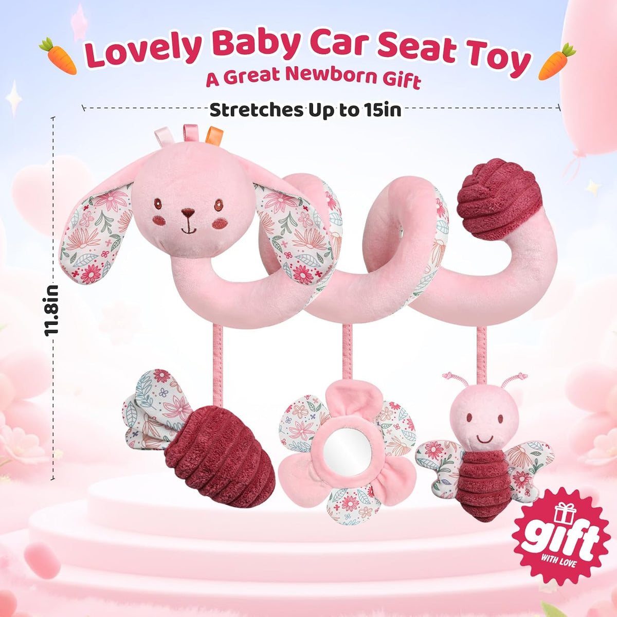 Car Seat Toys for Babies, Spiral Hanging Toys Stroller Activity Toys, Pink Sensory Baby Plush Carseat Toys Baby Toys Newborn Essentials for 0 3 6 12 Months
