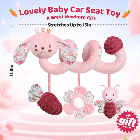 Car Seat Toys for Babies, Spiral Hanging Toys Stroller Activity Toys, Pink Sensory Baby Plush Carseat Toys Baby Toys Newborn Essentials for 0 3 6 12 Months