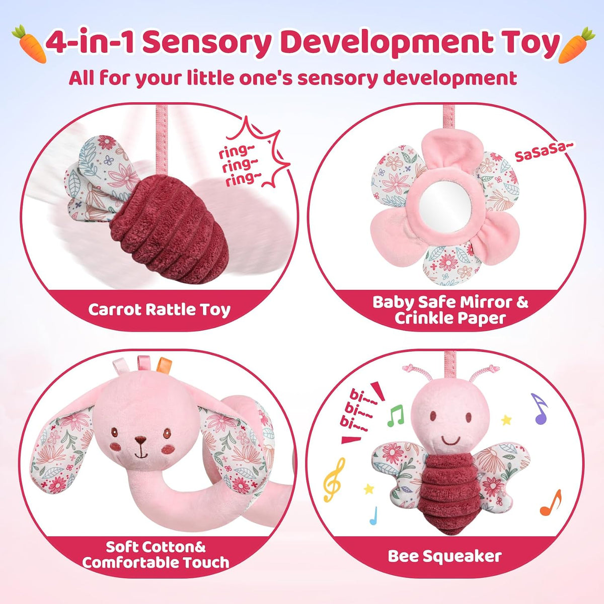 Car Seat Toys for Babies, Spiral Hanging Toys Stroller Activity Toys, Pink Sensory Baby Plush Carseat Toys Baby Toys Newborn Essentials for 0 3 6 12 Months