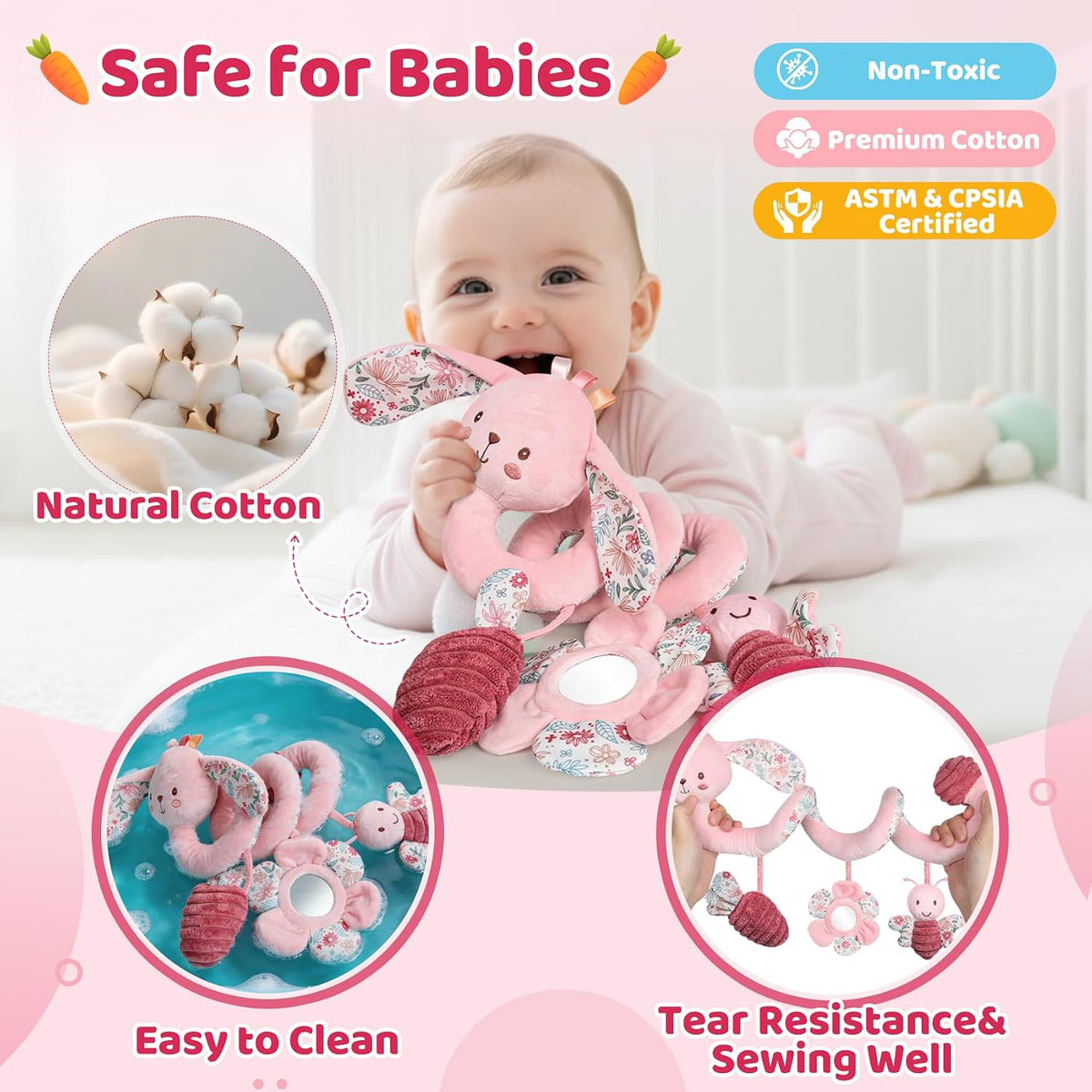 Car Seat Toys for Babies, Spiral Hanging Toys Stroller Activity Toys, Pink Sensory Baby Plush Carseat Toys Baby Toys Newborn Essentials for 0 3 6 12 Months