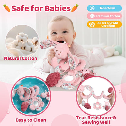 Car Seat Toys for Babies, Spiral Hanging Toys Stroller Activity Toys, Pink Sensory Baby Plush Carseat Toys Baby Toys Newborn Essentials for 0 3 6 12 Months