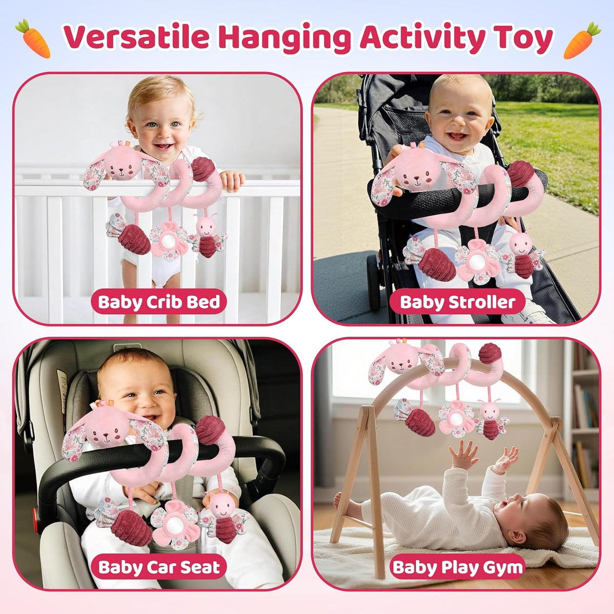 Car Seat Toys for Babies, Spiral Hanging Toys Stroller Activity Toys, Pink Sensory Baby Plush Carseat Toys Baby Toys Newborn Essentials for 0 3 6 12 Months