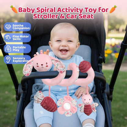 Car Seat Toys for Babies, Spiral Hanging Toys Stroller Activity Toys, Pink Sensory Baby Plush Carseat Toys Baby Toys Newborn Essentials for 0 3 6 12 Months