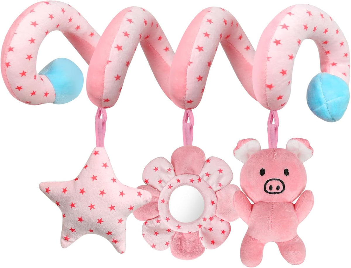 Car Seat Toys for Babies, Spiral Hanging Toys Stroller Activity Toys, Pink Sensory Baby Plush Carseat Toys Baby Toys Newborn Essentials for 0 3 6 12 Months