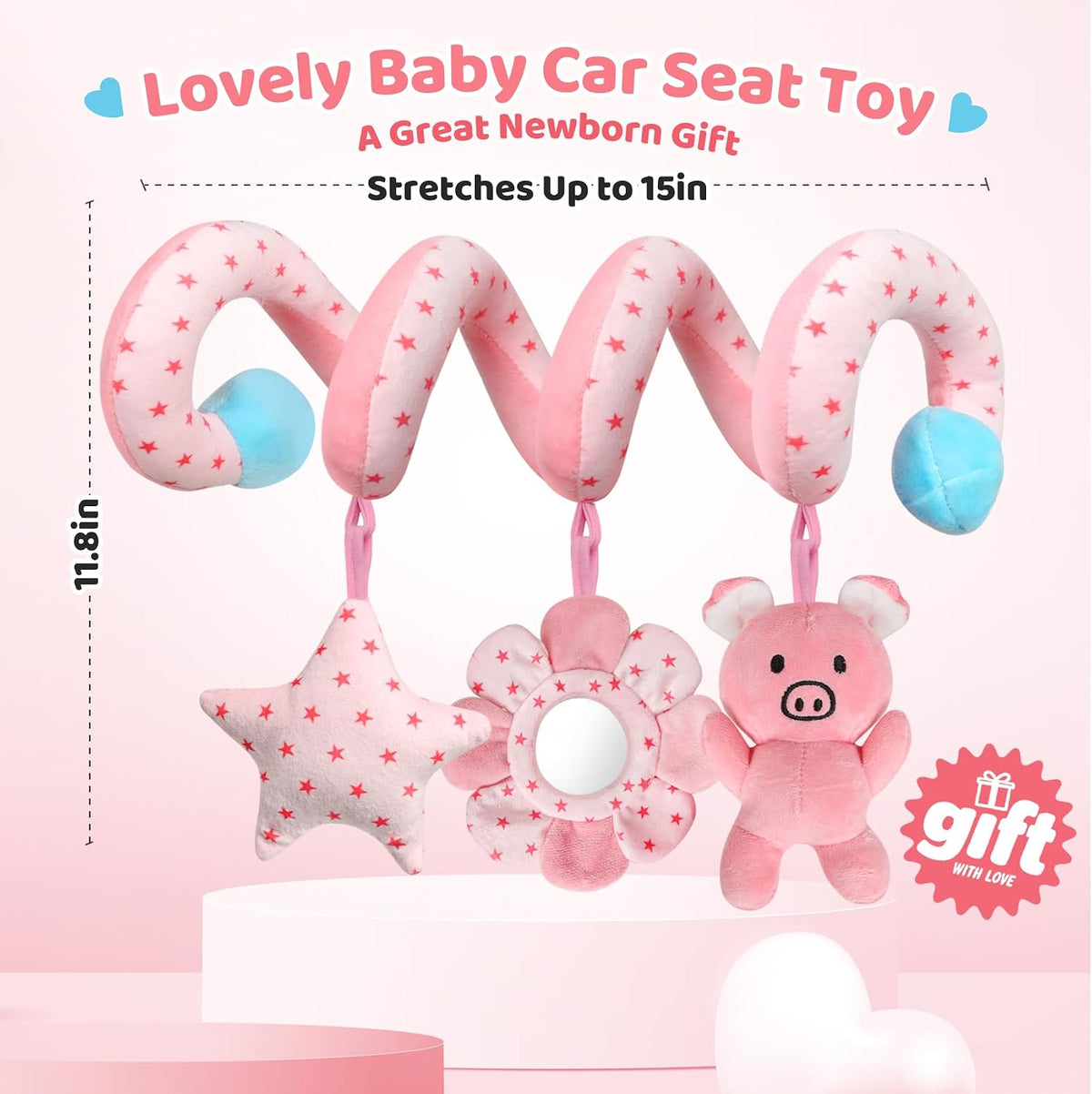 Car Seat Toys for Babies, Spiral Hanging Toys Stroller Activity Toys, Pink Sensory Baby Plush Carseat Toys Baby Toys Newborn Essentials for 0 3 6 12 Months