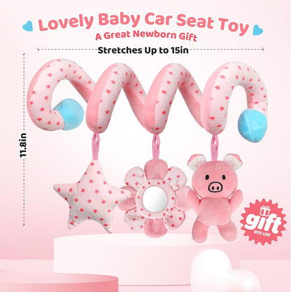 Car Seat Toys for Babies, Spiral Hanging Toys Stroller Activity Toys, Pink Sensory Baby Plush Carseat Toys Baby Toys Newborn Essentials for 0 3 6 12 Months
